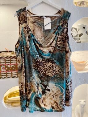2000s Animal Print Abstract Stretchy Cowl Neck Going Out Top